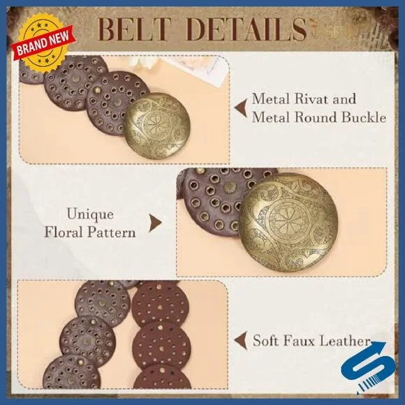 Western Hollow Disc Leather Belt Wide Adjustable Cowgirl Style - Picture 7 of 8